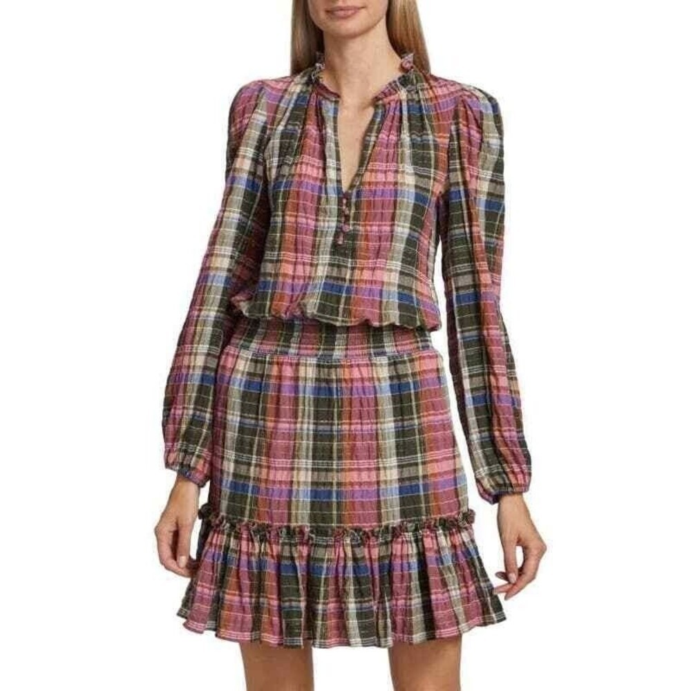 Veronica Beard Destiny Mini Dress Pink Plaid Ruffle Smocked Waist Sz 0 NEW $378
